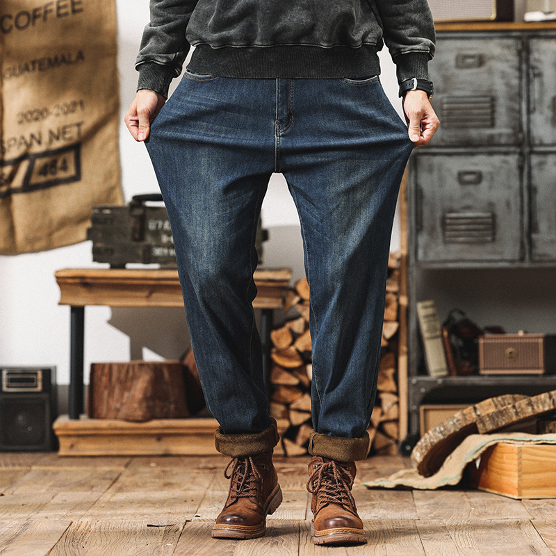 Plusz méretű téli fleece-sel bélelt farmernadrág denimből, amerikai retro stílus, rugalmas, lazán szabott
