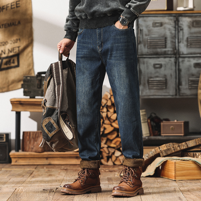 Plusz méretű téli fleece-sel bélelt farmernadrág denimből, amerikai retro stílus, rugalmas, lazán szabott