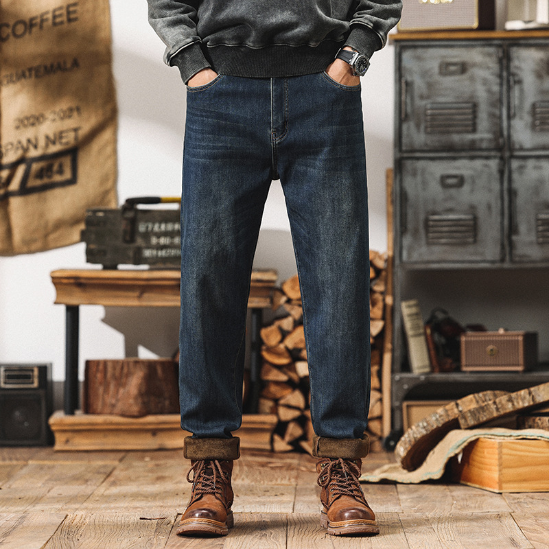 Plusz méretű téli fleece-sel bélelt farmernadrág denimből, amerikai retro stílus, rugalmas, lazán szabott