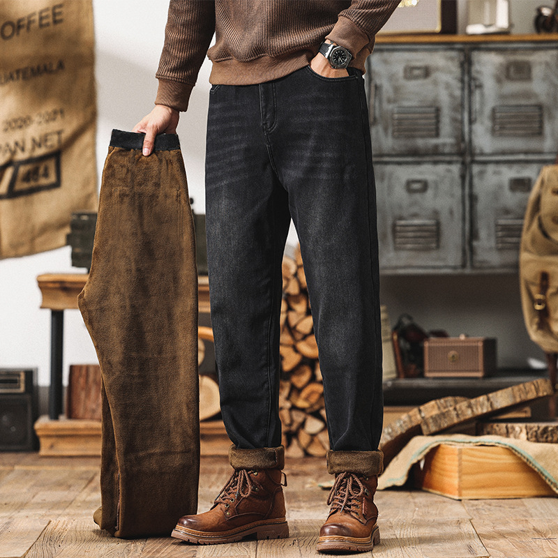 Plusz méretű téli fleece-sel bélelt farmernadrág denimből, amerikai retro stílus, rugalmas, lazán szabott