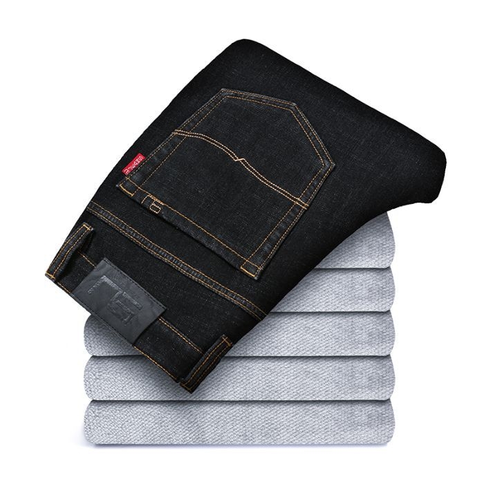 Téli férfi fekete fleece-béléssel ellátott farmernadrág, egyenes szabás