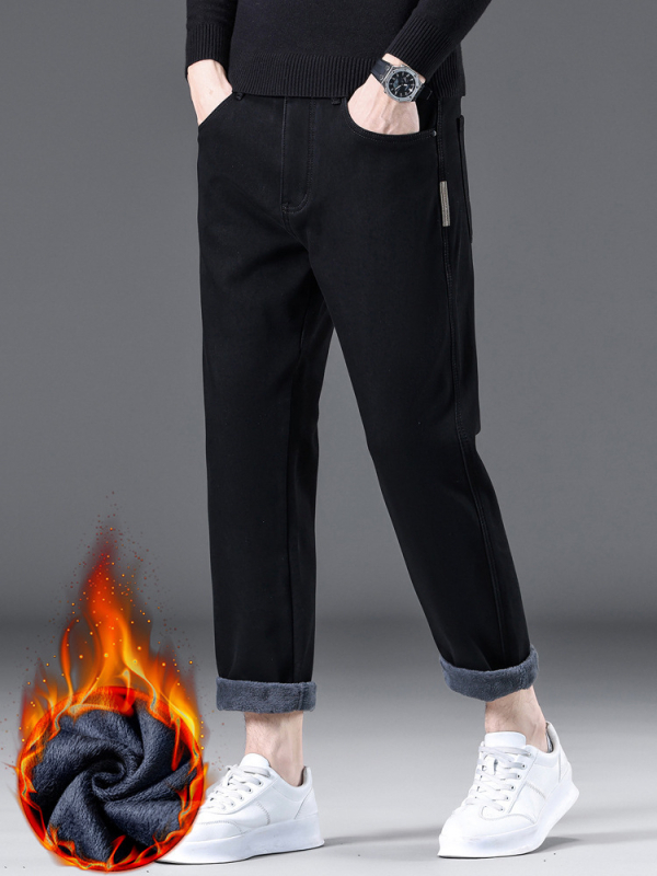 Fleece-vel bélelt vastag farmernadrág férfiaknak, lazán szabott egyenes szabású, kék-szürke, 9/10 hosszúságú, tél 2025