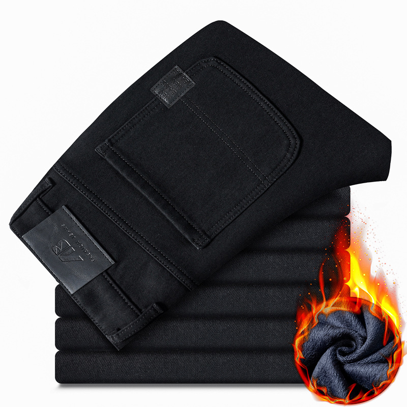Fleece-vel bélelt vastag farmernadrág férfiaknak, lazán szabott egyenes szabású, kék-szürke, 9/10 hosszúságú, tél 2025