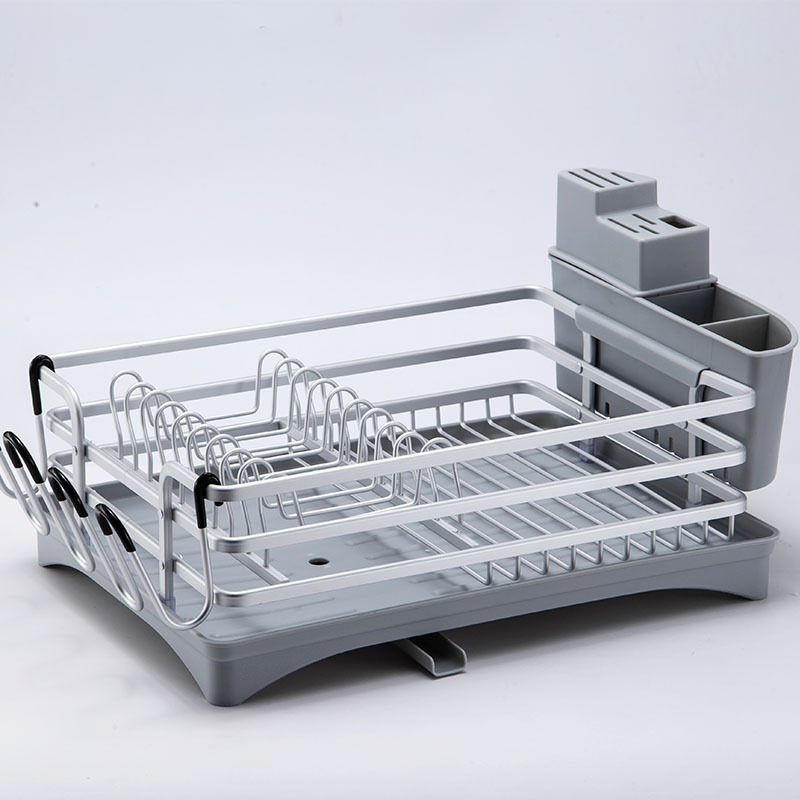 Stalak za posuđe od aluminijske legure, s pladnjem za vodu, jednoslojni, srebrne boje, europski stil