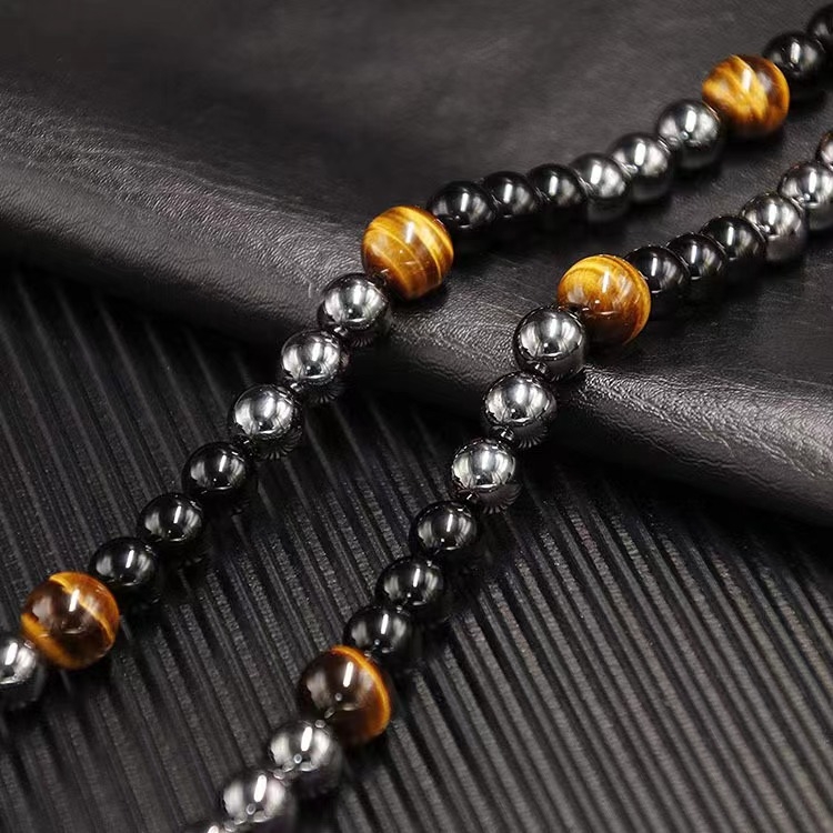 Muška ogrlica s tigrovim okom, hematitom i obsidijanom – trostruka zaštita, vintage stil