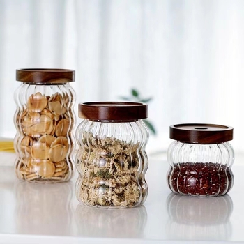 Staklena posuda za skladištenje s poklopcem od prugaste akacije, zatvoren, s udarnom teksturom, za žitarice, čaj, grickalice i zrna kave