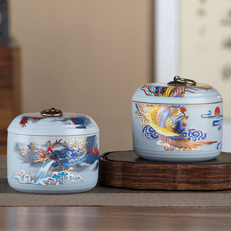 Keramički spremnik za čaj s motivom zmaj-fenix, retro mat završetak, hermetički zatvoren, velikog kapaciteta, za kućnu upotrebu