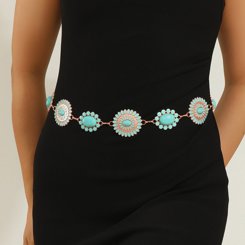 Ženski lanac za struk s turkiznim kamenom, boho stil, metalna gravura, retro pojas, svestrani tijelo lanac
