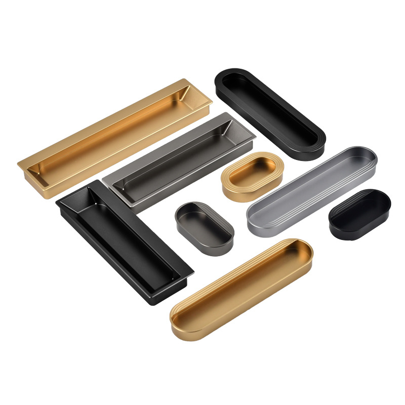 Ugradbena ručka za ormariće i ladice, aluminijski spoj, mat završna obrada. Veličine 65 mm, 150 mm, 200 mm. Jednostruka ili dvostruka vodilica. Završeci: brass gold, gun gray, gentleman gray, matte black.