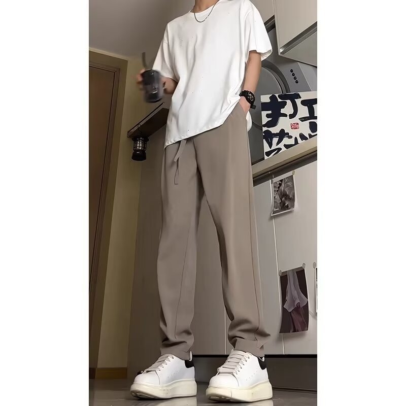 Muške Ice-Silk hlače za ljeto, američki streetwear stil, khaki boja, opuštena krojena, ravne nogavice