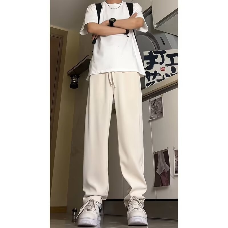 Muške Ice-Silk hlače za ljeto, američki streetwear stil, khaki boja, opuštena krojena, ravne nogavice