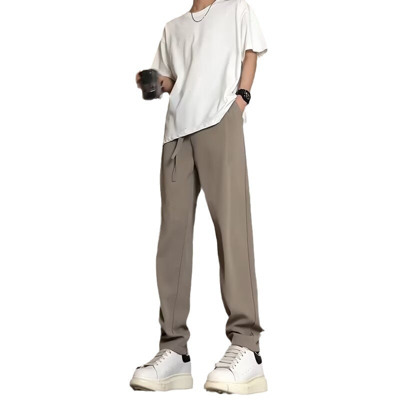 Muške Ice-Silk hlače za ljeto, američki streetwear stil, khaki boja, opuštena krojena, ravne nogavice