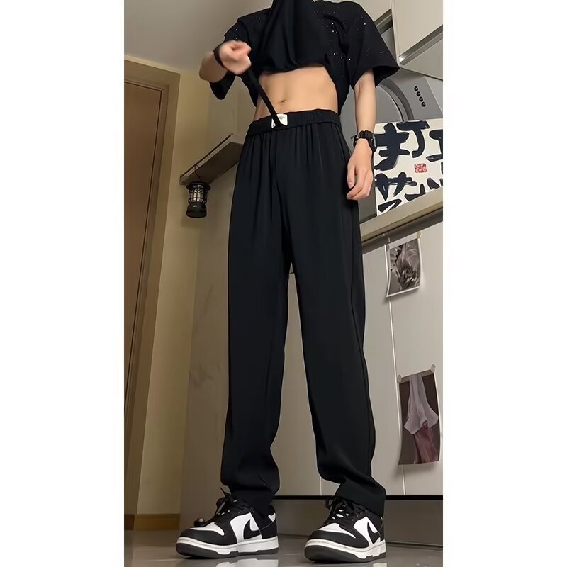 Muške Ice-Silk hlače za ljeto, američki streetwear stil, khaki boja, opuštena krojena, ravne nogavice