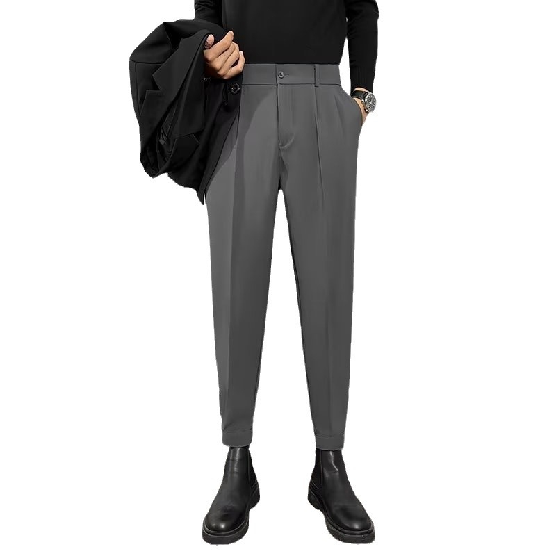 Férfi koreai stílusú nadrág, cropped szabású öltönynadrág tavasszal és ősszel, slim fit, lágy esésű, hétköznapi hosszú nadrág