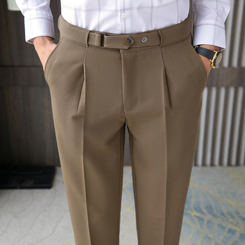 Minden évszakra szóló férfi koreai stílusú nadrág, divatos deréktáji dizájn, drapírozott rész, slim-fit, egyenes szabás, boka körüli hossz