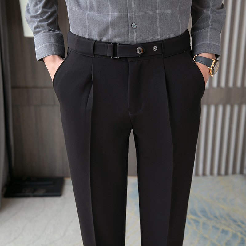 Minden évszakra szóló férfi koreai stílusú nadrág, divatos deréktáji dizájn, drapírozott rész, slim-fit, egyenes szabás, boka körüli hossz