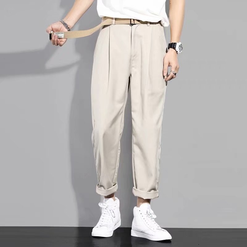 Muške ljetne casual hlače s ravnim krojem, do gležnja, opuštenog kroja, korejski stil, drapirani dizajn, crne