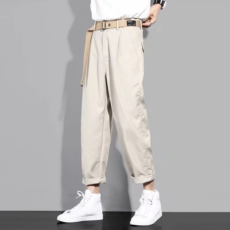 Muške ljetne casual hlače s ravnim krojem, do gležnja, opuštenog kroja, korejski stil, drapirani dizajn, crne