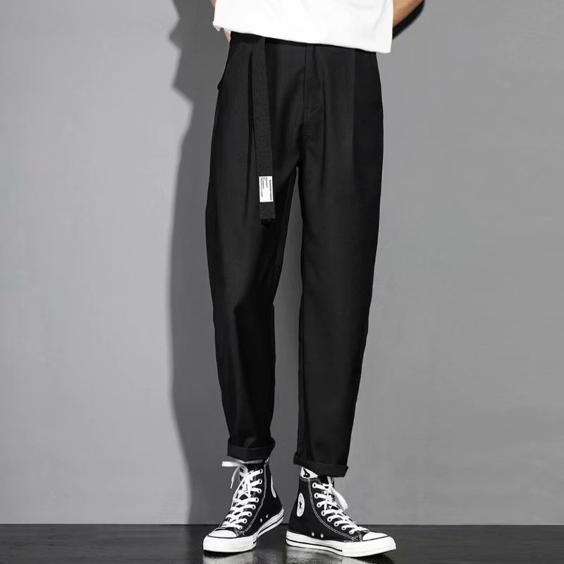 Muške ljetne casual hlače s ravnim krojem, do gležnja, opuštenog kroja, korejski stil, drapirani dizajn, crne