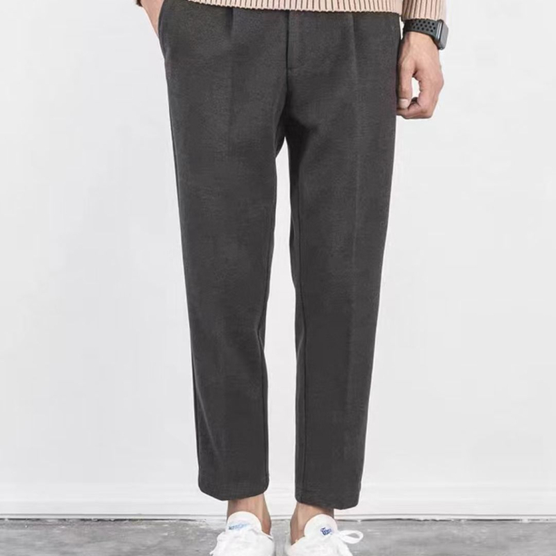 Muške vunene hlače za jesen-zimu, ravni kroj, slim-fit s drapiranom siluetom, korejski minimalistički dizajn, elastične, bočna kopča, duljina 9/10