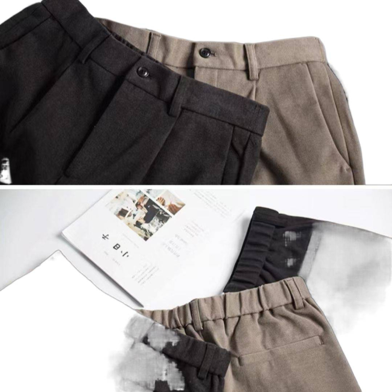 Muške vunene hlače za jesen-zimu, ravni kroj, slim-fit s drapiranom siluetom, korejski minimalistički dizajn, elastične, bočna kopča, duljina 9/10