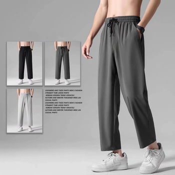 Férfi ice silk nadrág – nyárra, könnyű, lazán szabott, egyenes vágás, cropped hossz, közepes derekú, övvel, egyszínű, lélegző