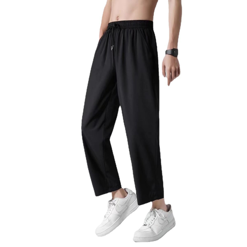 Férfi ice silk nadrág – nyárra, könnyű, lazán szabott, egyenes vágás, cropped hossz, közepes derekú, övvel, egyszínű, lélegző