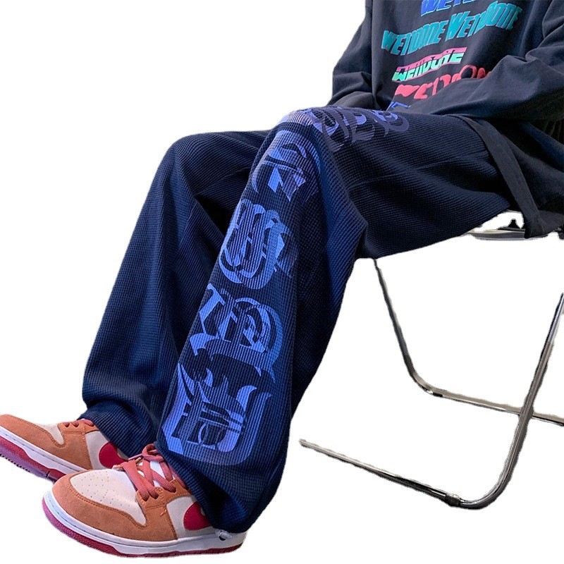 Férfiaknak waffel szövésű sportnadrág, sötétkék, laza szabás, hip-hop utcai stílus