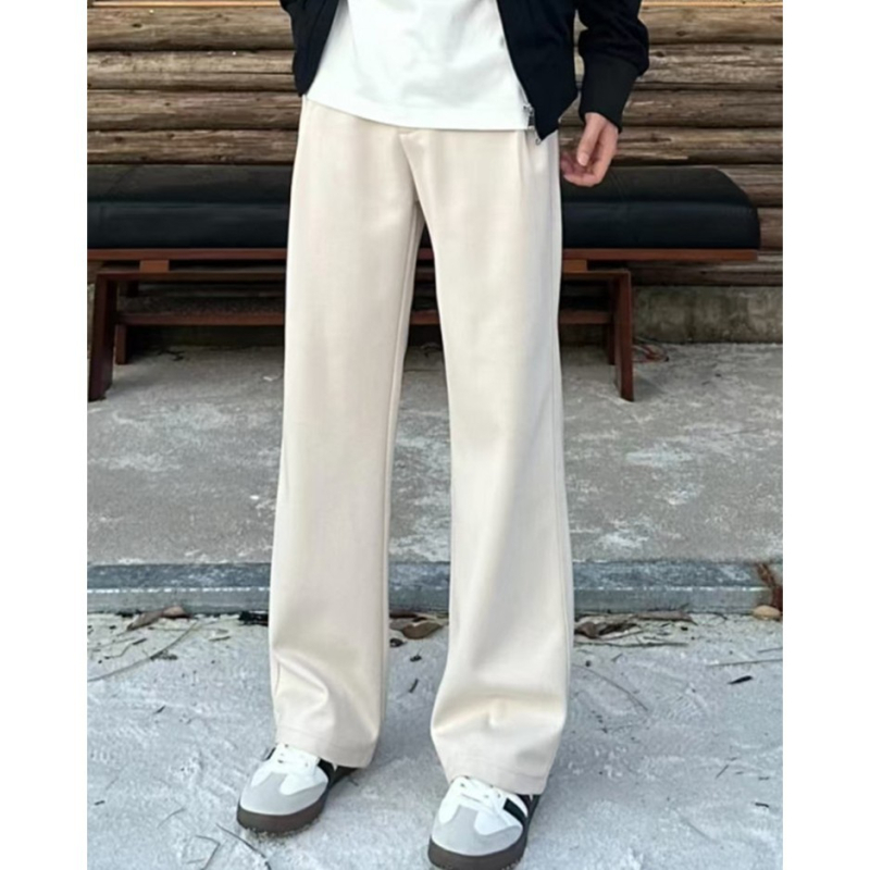 Cleanfit muške hlače ravnog kroja, boja marelice, zimske, ležerna silueta, finog ribljeg kostu uzorka, plisirane, casual hlače
