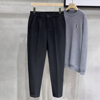 Japán stílusú trendi cropped nadrág férfiaknak, egyszínű, karcsú szabású, egyenes szár, elasztikus, őszi mindennapi nadrág
