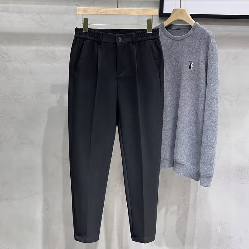 Japán stílusú trendi cropped nadrág férfiaknak, egyszínű, karcsú szabású, egyenes szár, elasztikus, őszi mindennapi nadrág