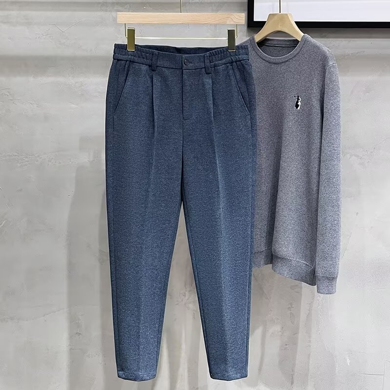 Japán stílusú trendi cropped nadrág férfiaknak, egyszínű, karcsú szabású, egyenes szár, elasztikus, őszi mindennapi nadrág