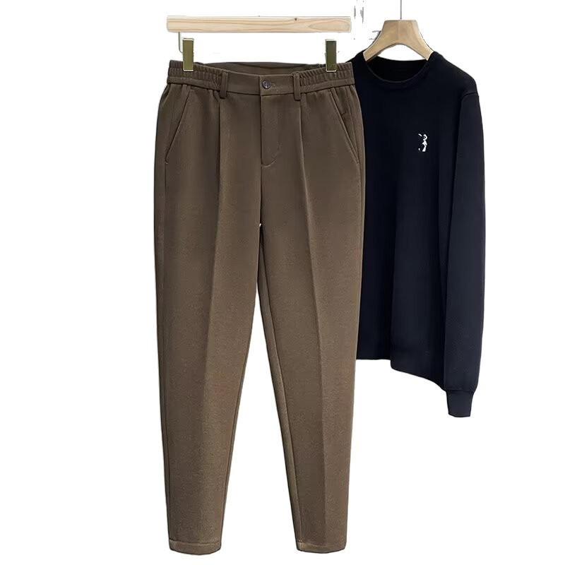 Japán stílusú trendi cropped nadrág férfiaknak, egyszínű, karcsú szabású, egyenes szár, elasztikus, őszi mindennapi nadrág