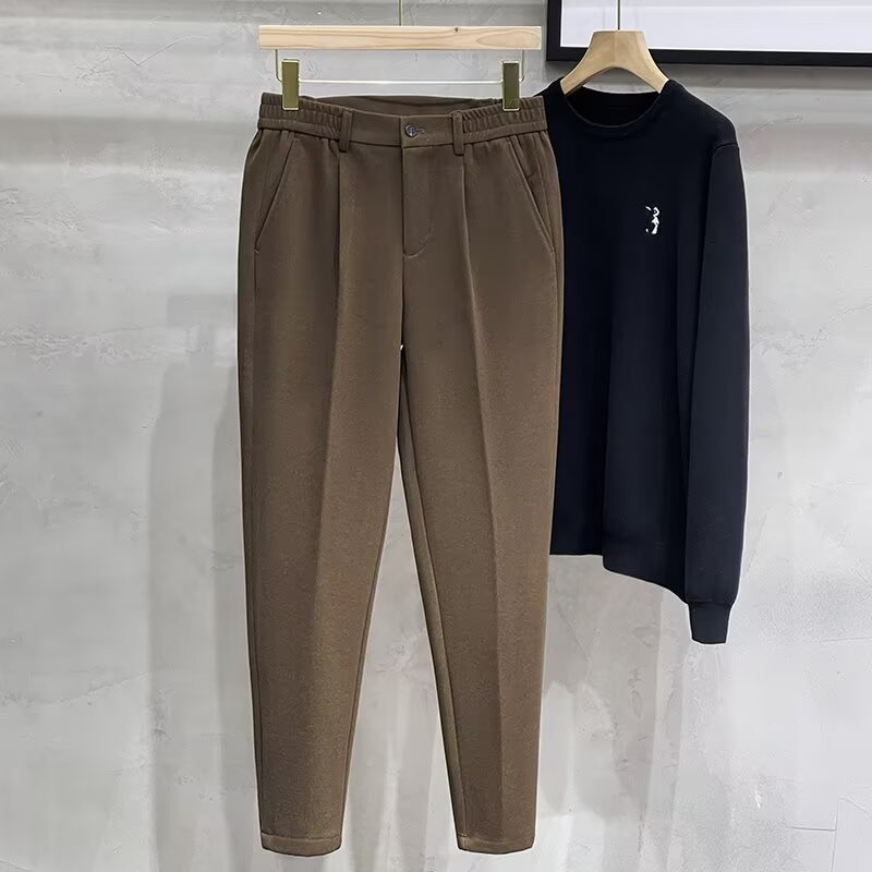 Japán stílusú trendi cropped nadrág férfiaknak, egyszínű, karcsú szabású, egyenes szár, elasztikus, őszi mindennapi nadrág