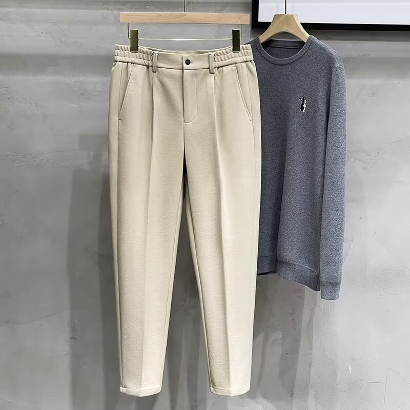 Japán stílusú trendi cropped nadrág férfiaknak, egyszínű, karcsú szabású, egyenes szár, elasztikus, őszi mindennapi nadrág