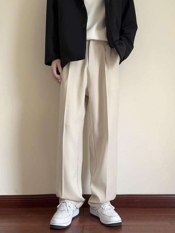 Muške hlače u korejskom stilu, drapiran kroj, ravne nogavice, širokog kroja, s fleece-om iznutra, crne, casual-elegantne hlače do poda