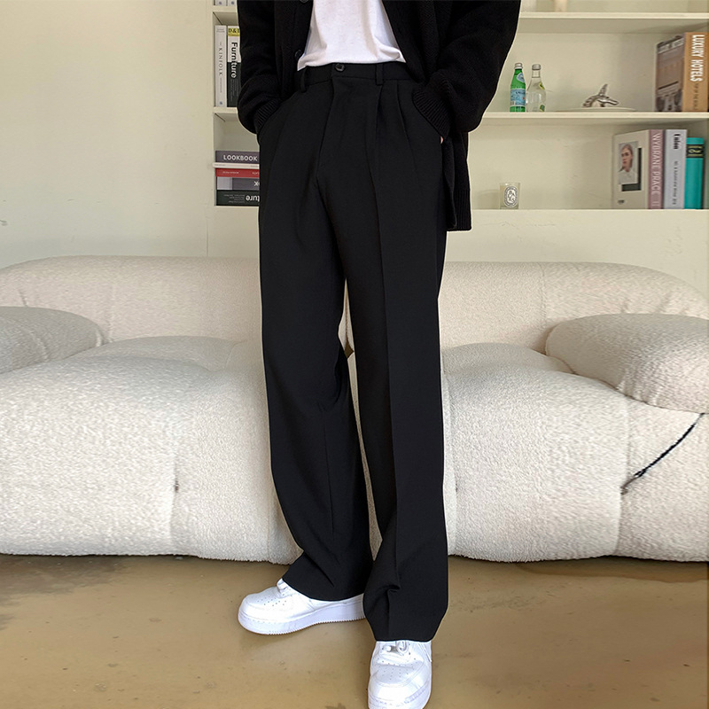 Muške hlače u korejskom stilu, drapiran kroj, ravne nogavice, širokog kroja, s fleece-om iznutra, crne, casual-elegantne hlače do poda
