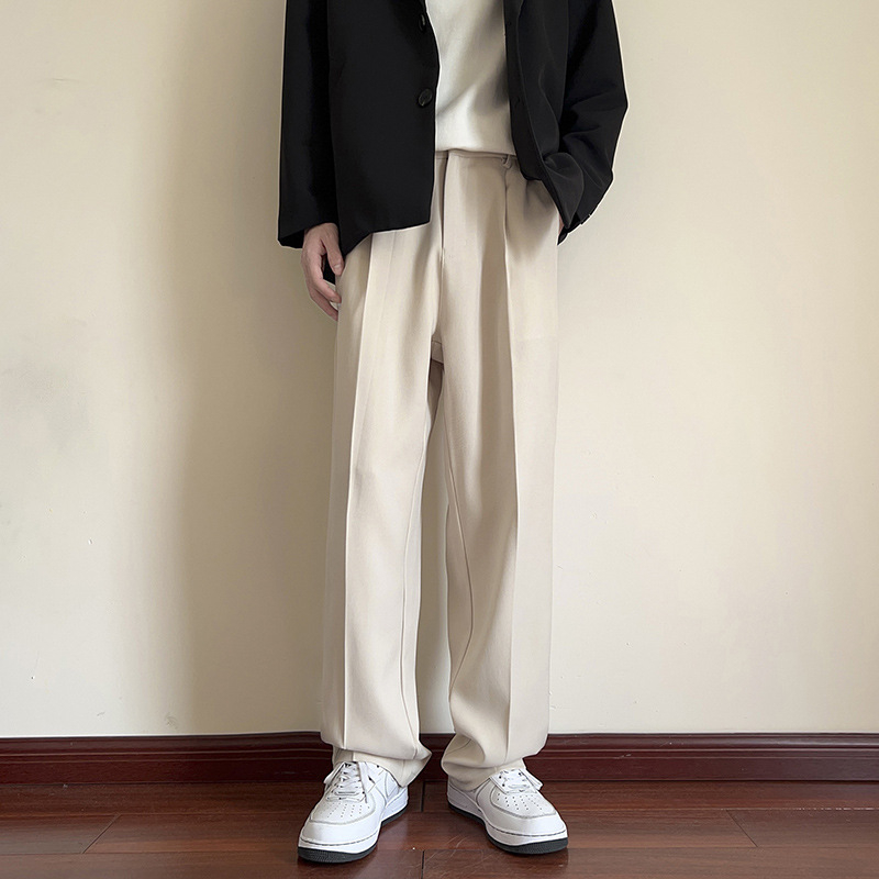Muške hlače u korejskom stilu, drapiran kroj, ravne nogavice, širokog kroja, s fleece-om iznutra, crne, casual-elegantne hlače do poda