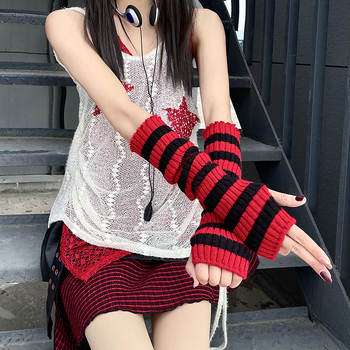 Punk tamni Harajuku prugasti rukavci bez prstiju, JK stil, inspirirano Y2K