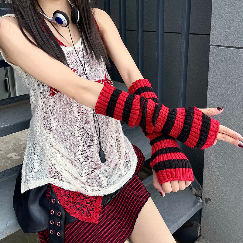 Punk tamni Harajuku prugasti rukavci bez prstiju, JK stil, inspirirano Y2K