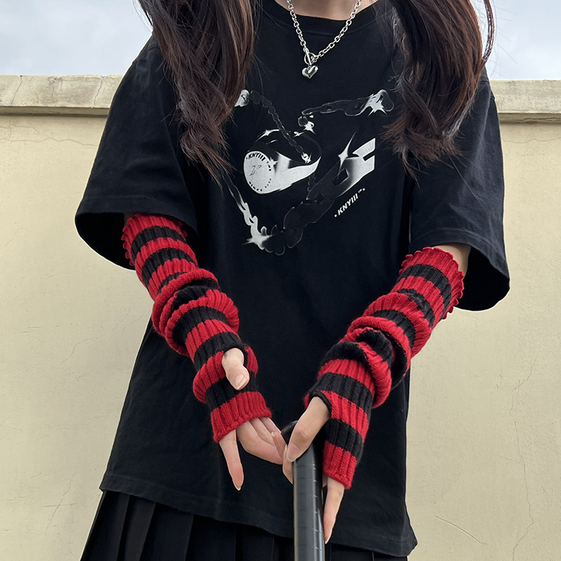 Punk tamni Harajuku prugasti rukavci bez prstiju, JK stil, inspirirano Y2K