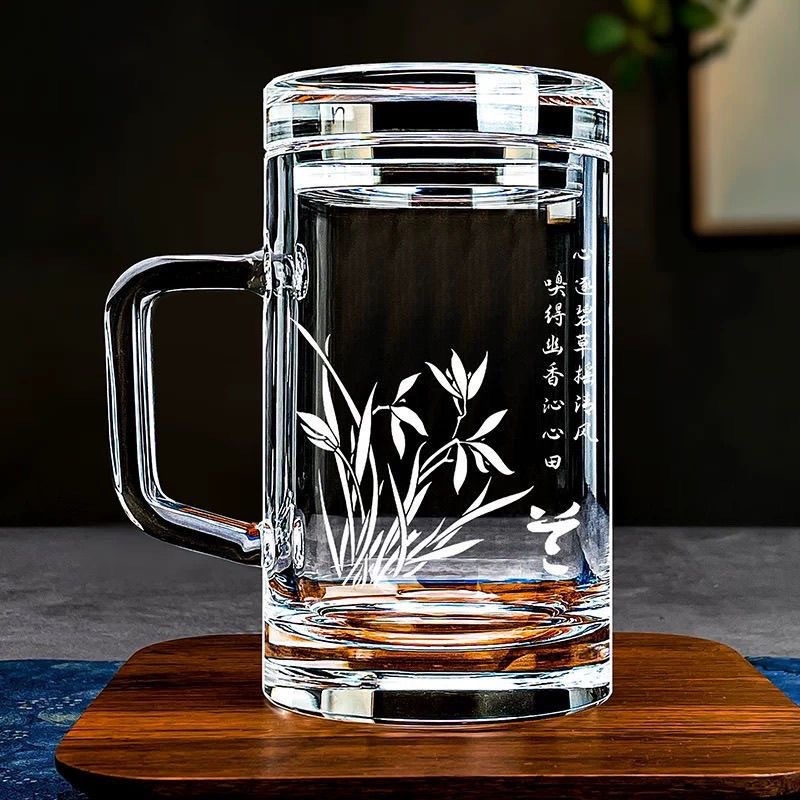 Staklena šalica za čaj s držačem, 380 ml, uredska uporaba, prilagođeni logo, kristalno staklo, visokokvalitetan kineski stil