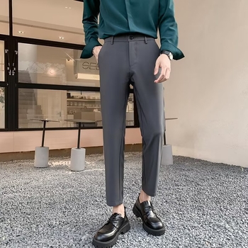 Muške slim cropped hlače za proljeće i ljeto, korejskog stila, moderne poslovne hlače s blokom boja, straight kroj, poliester