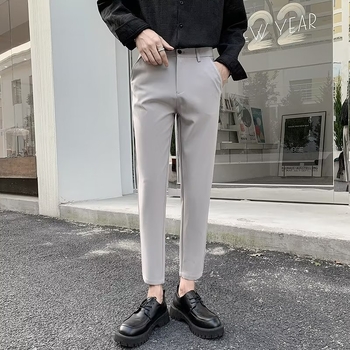 Muške slim cropped hlače za proljeće i ljeto, korejskog stila, moderne poslovne hlače s blokom boja, straight kroj, poliester