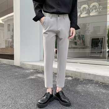 Muške slim cropped hlače za proljeće i ljeto, korejskog stila, moderne poslovne hlače s blokom boja, straight kroj, poliester