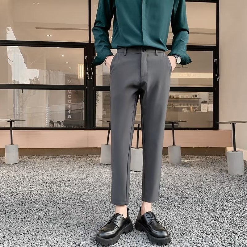 Muške slim cropped hlače za proljeće i ljeto, korejskog stila, moderne poslovne hlače s blokom boja, straight kroj, poliester