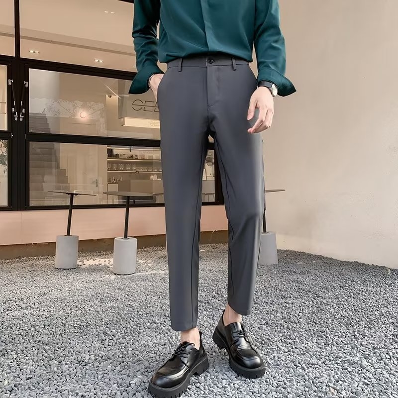 Muške slim cropped hlače za proljeće i ljeto, korejskog stila, moderne poslovne hlače s blokom boja, straight kroj, poliester