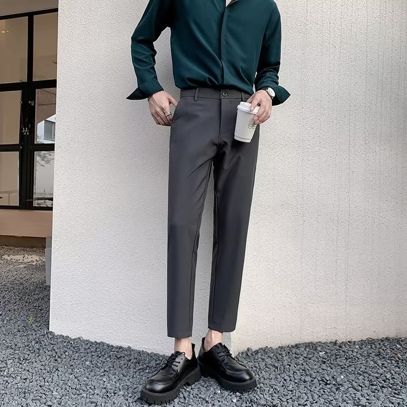 Muške slim cropped hlače za proljeće i ljeto, korejskog stila, moderne poslovne hlače s blokom boja, straight kroj, poliester