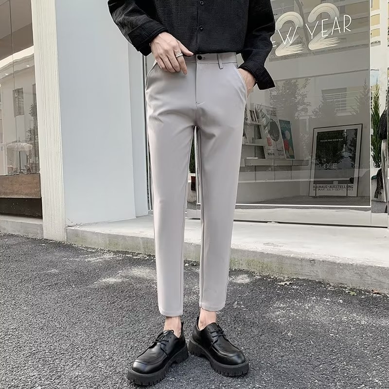 Muške slim cropped hlače za proljeće i ljeto, korejskog stila, moderne poslovne hlače s blokom boja, straight kroj, poliester