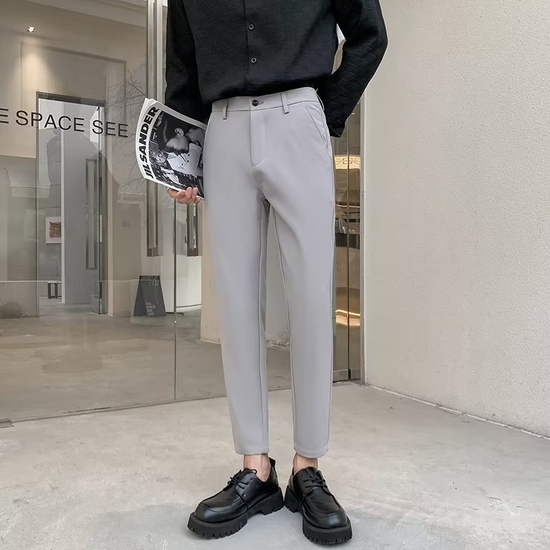 Muške slim cropped hlače za proljeće i ljeto, korejskog stila, moderne poslovne hlače s blokom boja, straight kroj, poliester